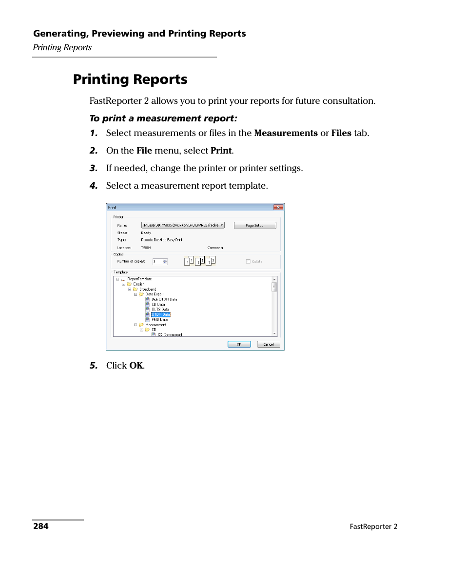 Printing reports | EXFO FastReporter 2 User Manual | Page 294 / 396