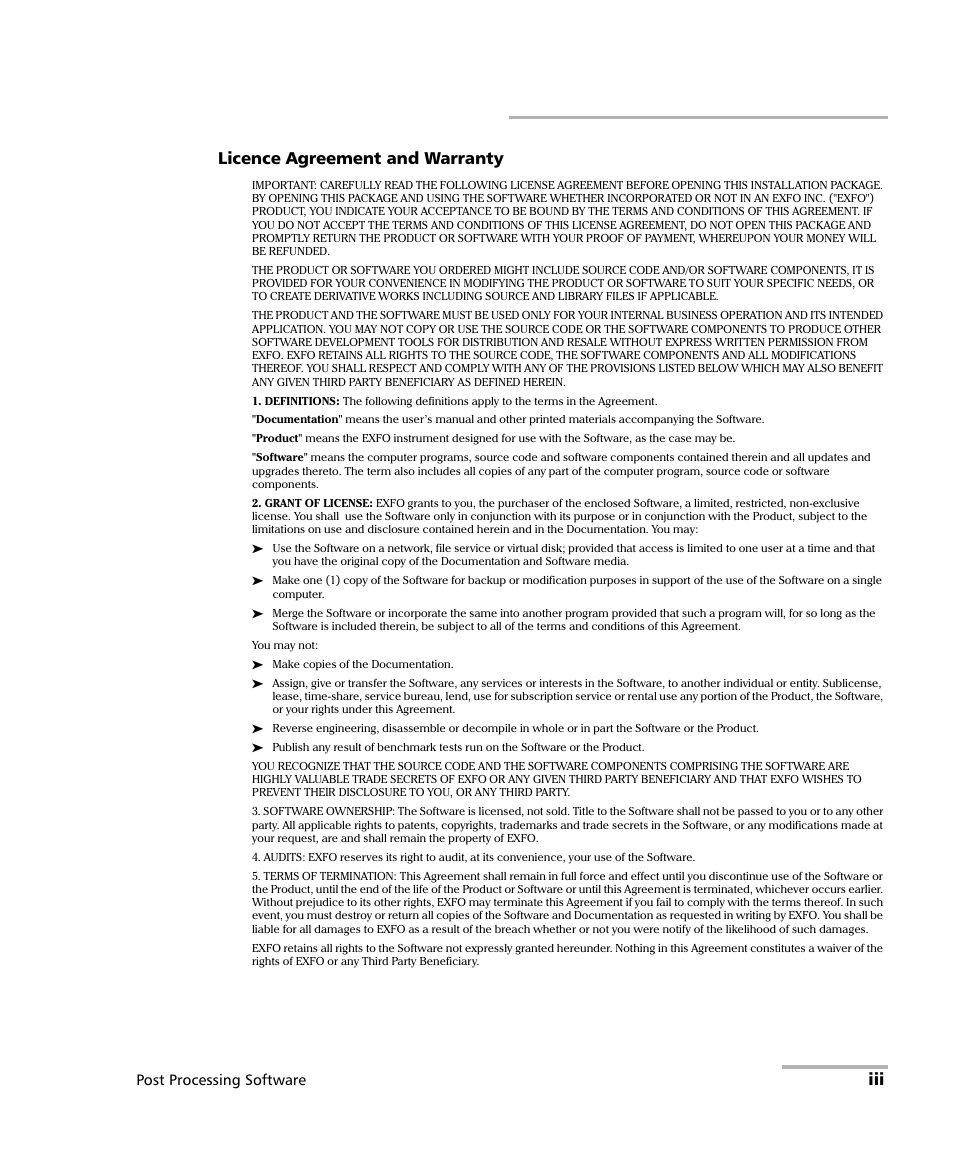 Iii licence agreement and warranty, Post processing software | EXFO FastReporter 2 User Manual | Page 3 / 396