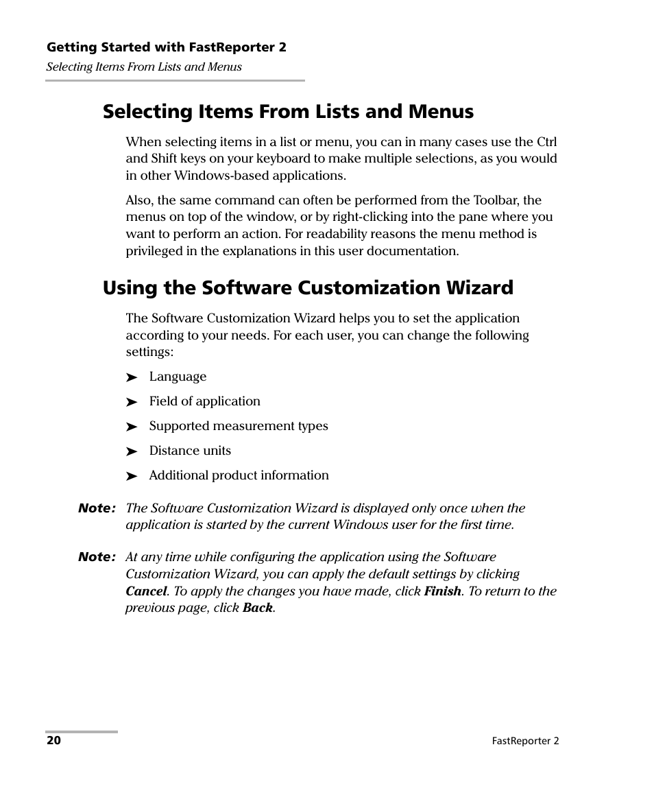 Selecting items from lists and menus, Using the software customization wizard | EXFO FastReporter 2 User Manual | Page 30 / 396