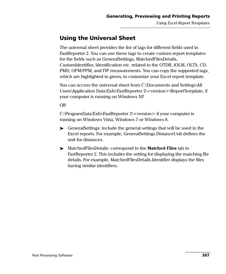 Using the universal sheet | EXFO FastReporter 2 User Manual | Page 317 / 396
