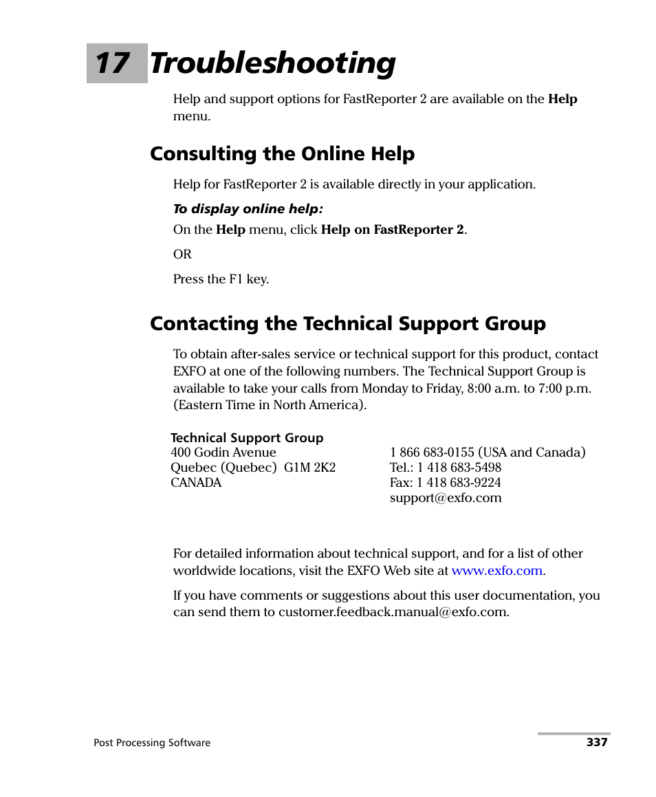 17 troubleshooting, Consulting the online help, Contacting the technical support group | EXFO FastReporter 2 User Manual | Page 347 / 396