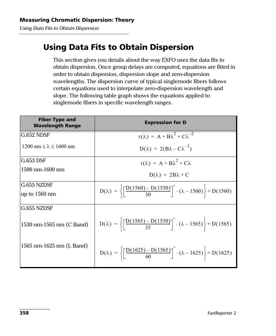 Using data fits to obtain dispersion | EXFO FastReporter 2 User Manual | Page 368 / 396