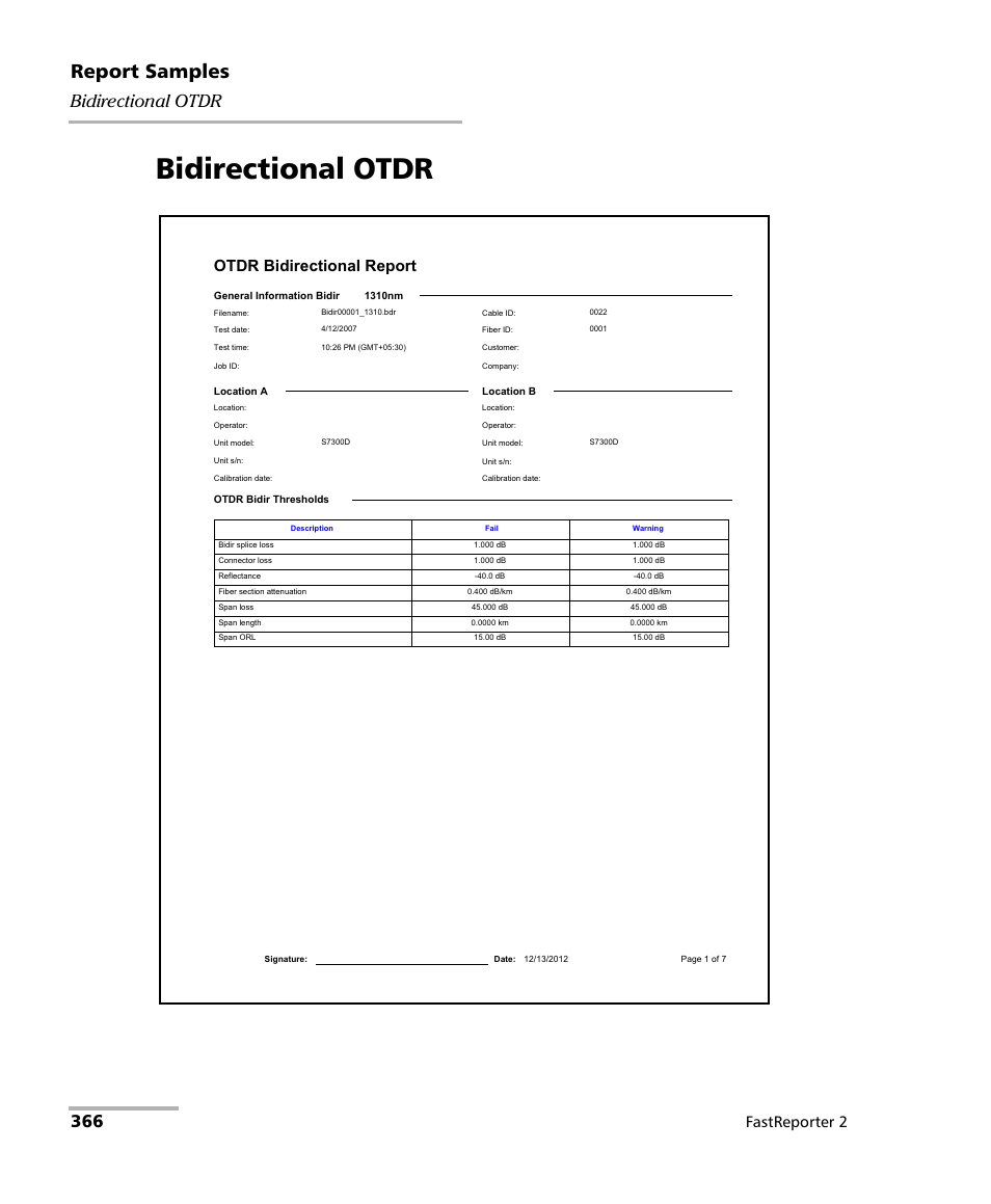 Bidirectional otdr, Report samples, Fastreporter 2 | EXFO FastReporter 2 User Manual | Page 376 / 396