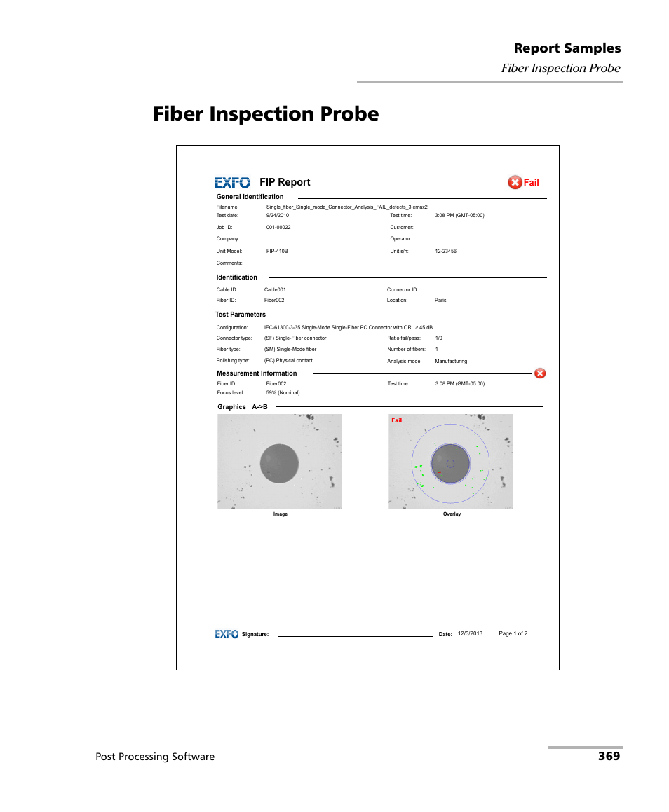 Fiber inspection probe, Report samples, 369 fiber inspection probe | Post processing software | EXFO FastReporter 2 User Manual | Page 379 / 396