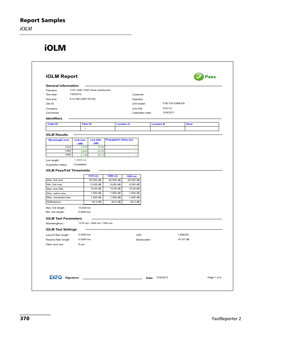 Iolm, Report samples, Fastreporter 2 | EXFO FastReporter 2 User Manual | Page 380 / 396