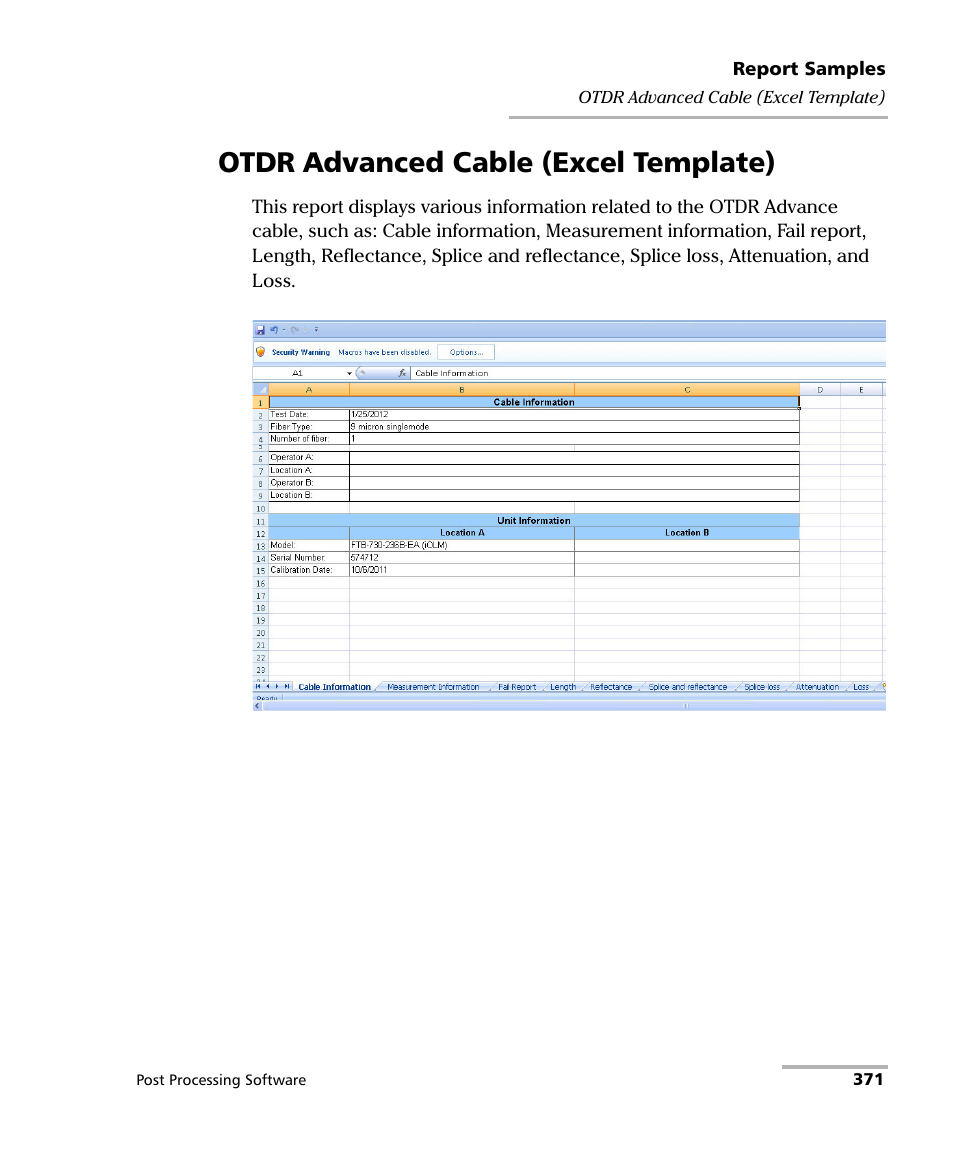 Otdr advanced cable (excel template) | EXFO FastReporter 2 User Manual | Page 381 / 396