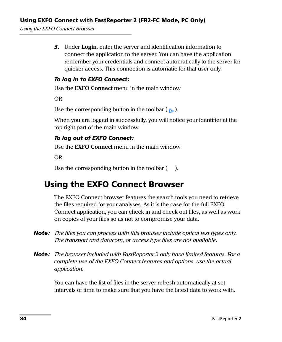 Using the exfo connect browser | EXFO FastReporter 2 User Manual | Page 94 / 396