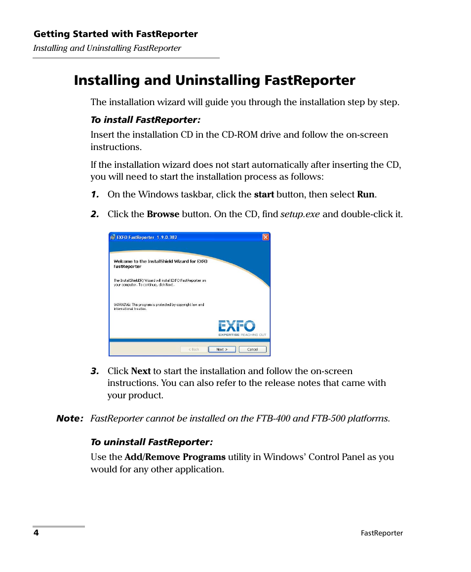 Installing and uninstalling fastreporter | EXFO FastReporter Data Post-Processing Software User Manual | Page 10 / 256
