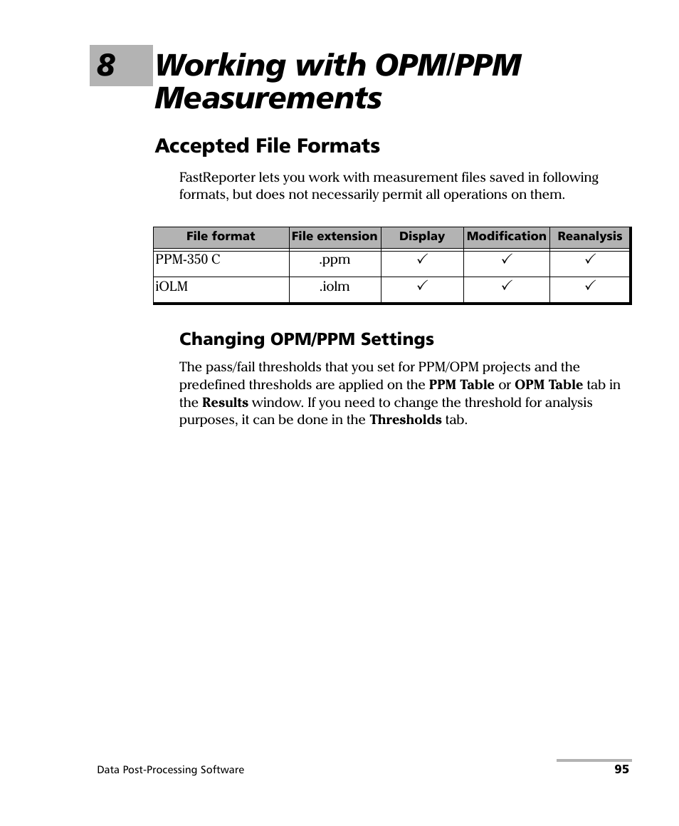 8 working with opm/ppm measurements, Accepted file formats, Changing opm/ppm settings | 8working with opm/ppm measurements | EXFO FastReporter Data Post-Processing Software User Manual | Page 101 / 256