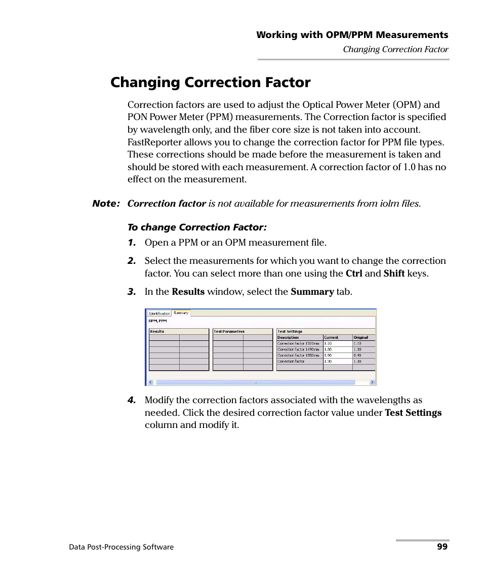 Changing correction factor | EXFO FastReporter Data Post-Processing Software User Manual | Page 105 / 256