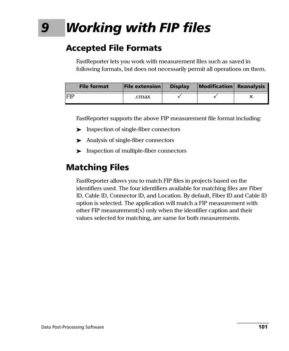 9 working with fip files, Accepted file formats, Matching files | Accepted file formats matching files, 9working with fip files | EXFO FastReporter Data Post-Processing Software User Manual | Page 107 / 256