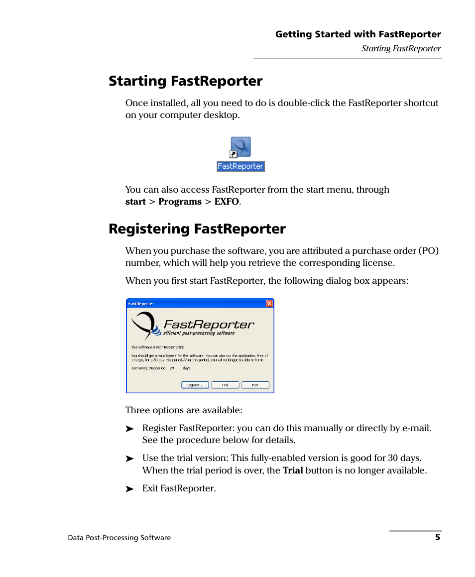 Starting fastreporter, Registering fastreporter, Starting fastreporter registering fastreporter | EXFO FastReporter Data Post-Processing Software User Manual | Page 11 / 256