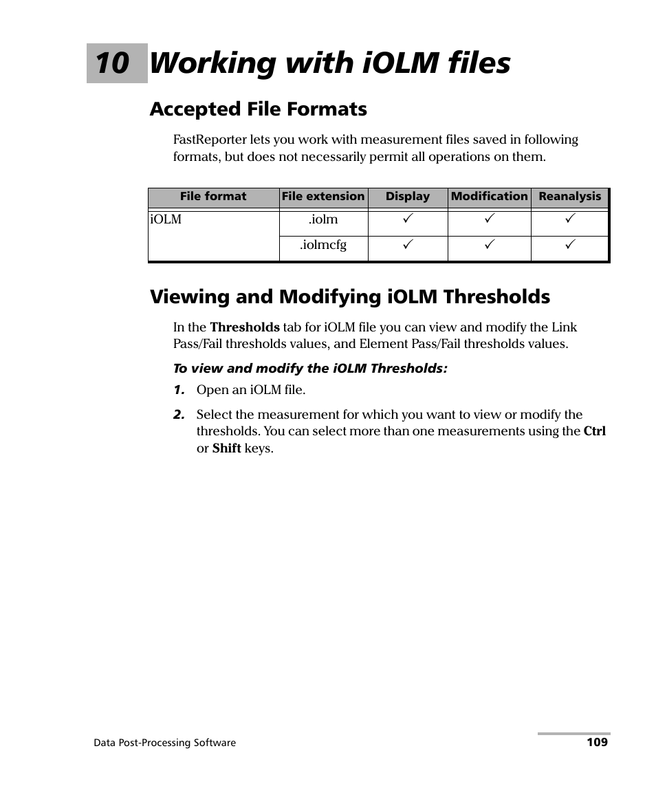 10 working with iolm files, Accepted file formats, Viewing and modifying iolm thresholds | EXFO FastReporter Data Post-Processing Software User Manual | Page 115 / 256