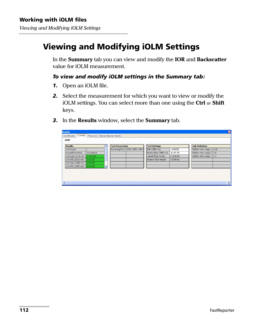 Viewing and modifying iolm settings | EXFO FastReporter Data Post-Processing Software User Manual | Page 118 / 256