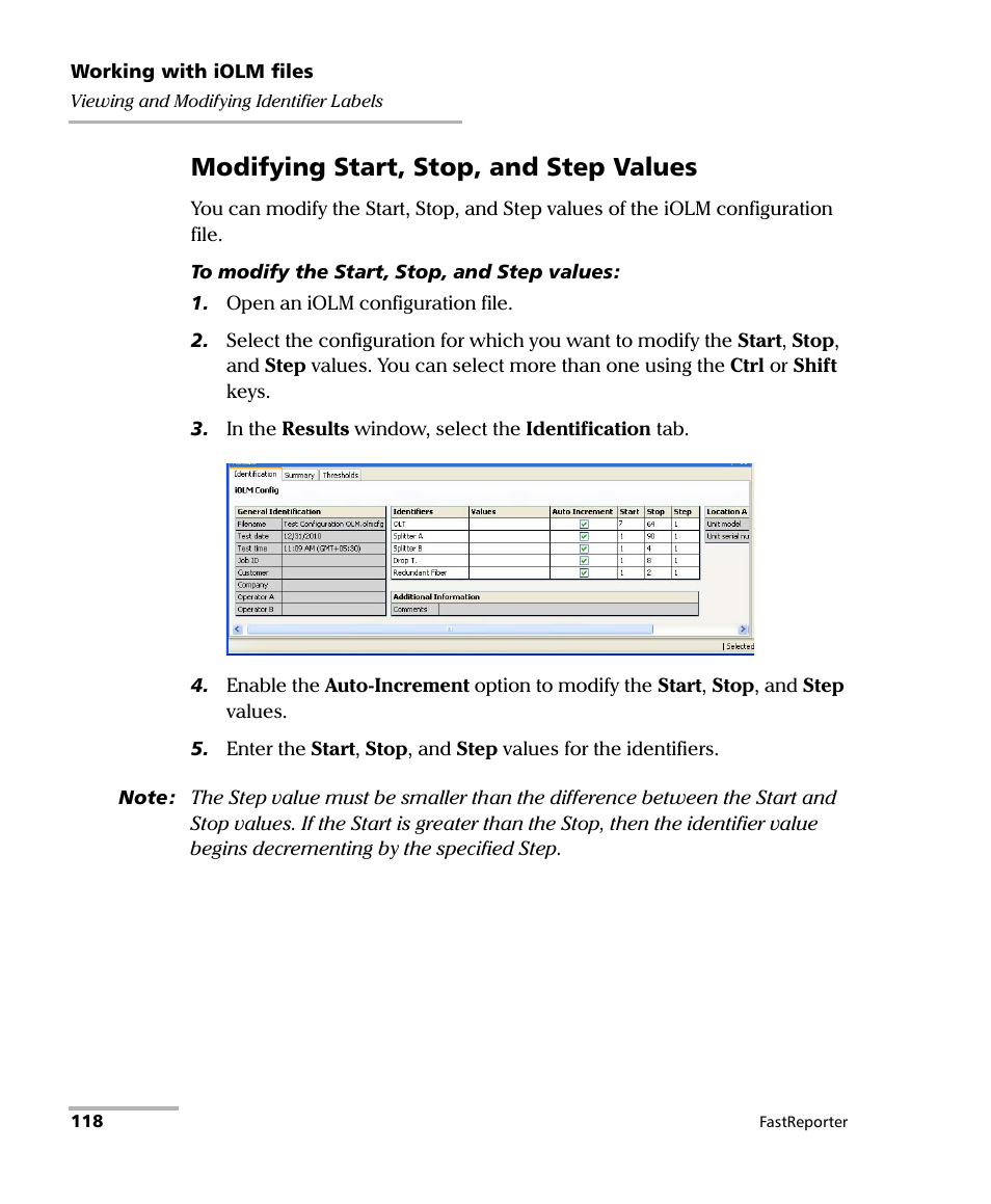 Modifying start, stop, and step values | EXFO FastReporter Data Post-Processing Software User Manual | Page 124 / 256