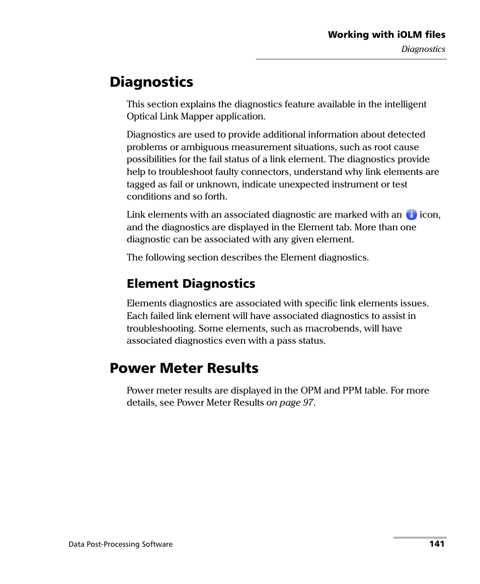 Diagnostics, Element diagnostics, Power meter results | Diagnostics power meter results | EXFO FastReporter Data Post-Processing Software User Manual | Page 147 / 256
