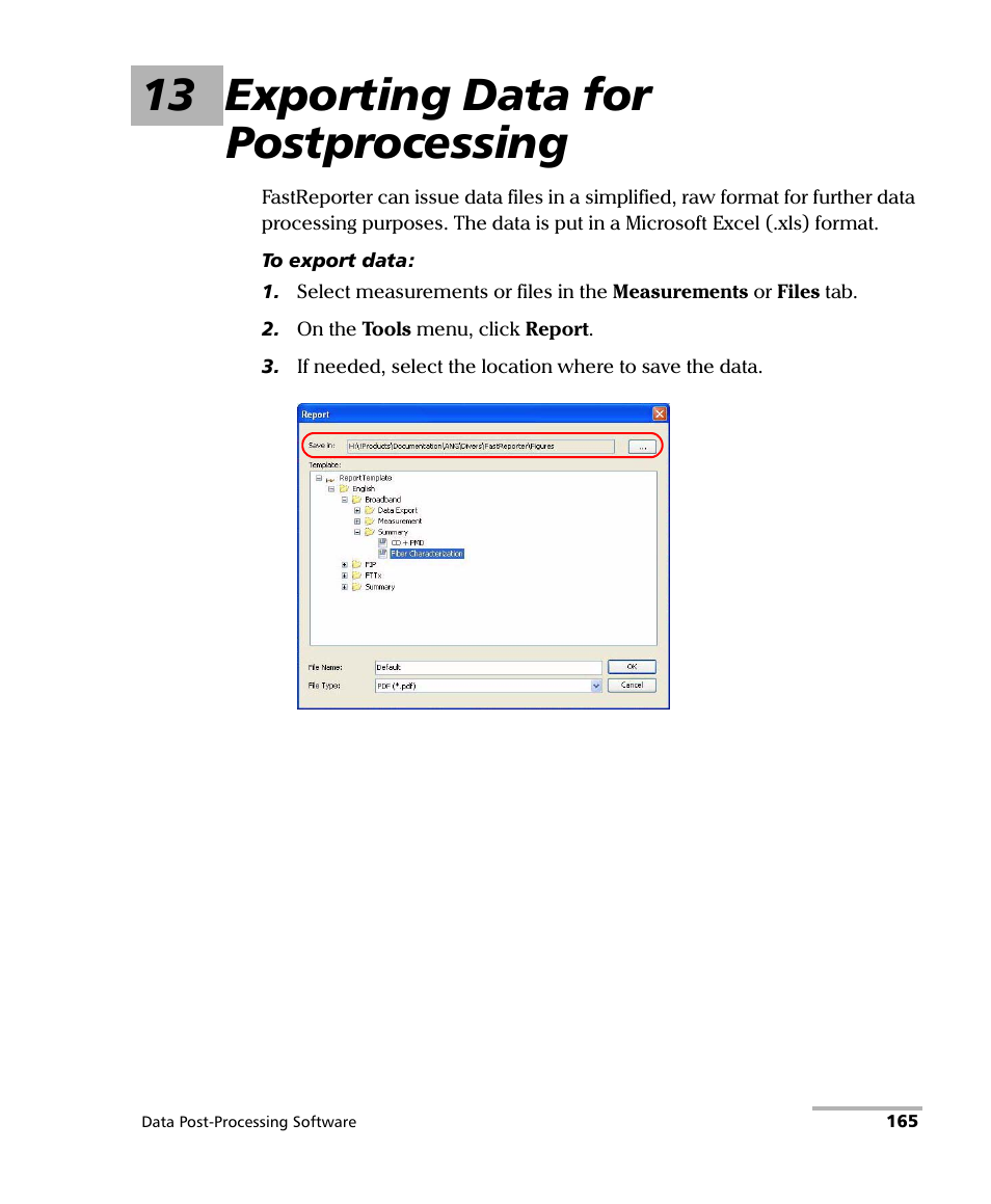 13 exporting data for postprocessing | EXFO FastReporter Data Post-Processing Software User Manual | Page 171 / 256