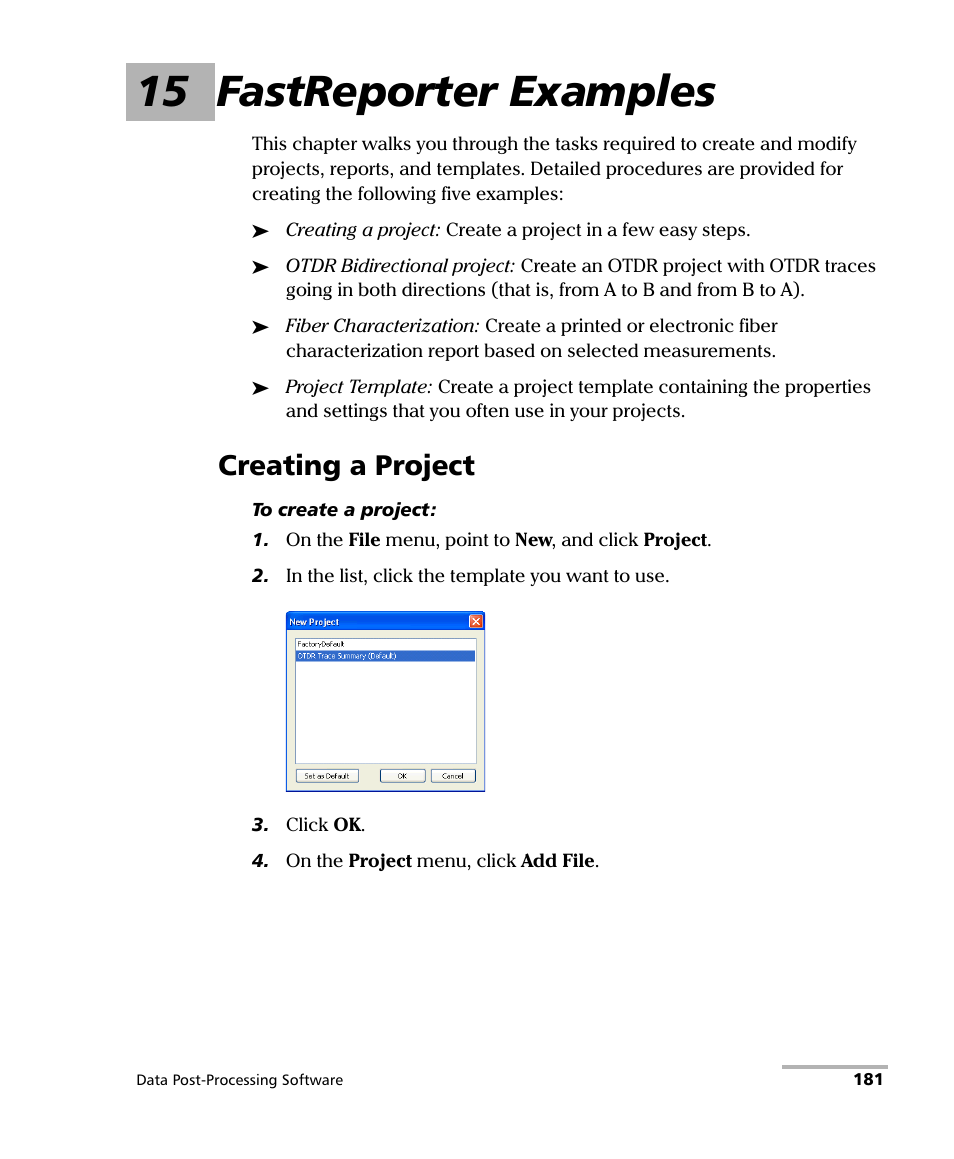 15 fastreporter examples, Creating a project | EXFO FastReporter Data Post-Processing Software User Manual | Page 187 / 256