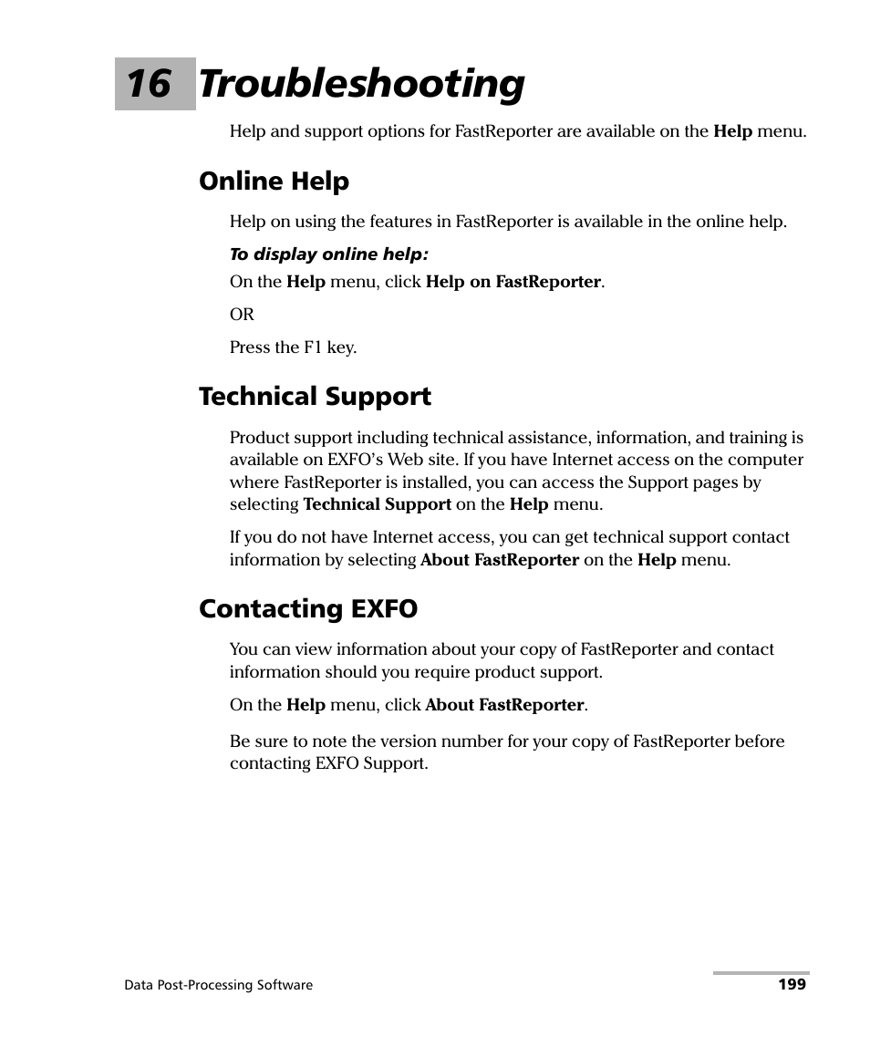 16 troubleshooting, Online help, Technical support | Contacting exfo, Online help technical support contacting exfo | EXFO FastReporter Data Post-Processing Software User Manual | Page 205 / 256