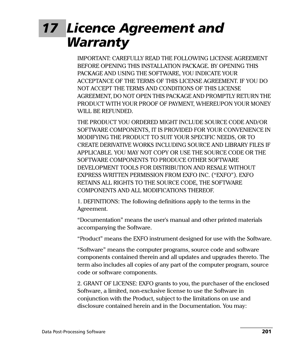 17 licence agreement and warranty | EXFO FastReporter Data Post-Processing Software User Manual | Page 207 / 256