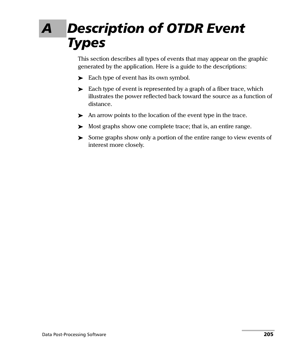 A description of otdr event types | EXFO FastReporter Data Post-Processing Software User Manual | Page 211 / 256