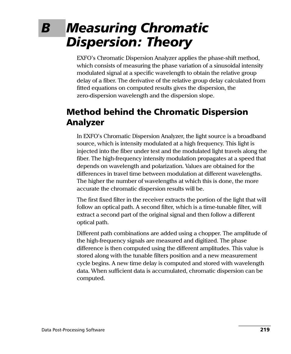 B measuring chromatic dispersion: theory, Method behind the chromatic dispersion analyzer | EXFO FastReporter Data Post-Processing Software User Manual | Page 225 / 256