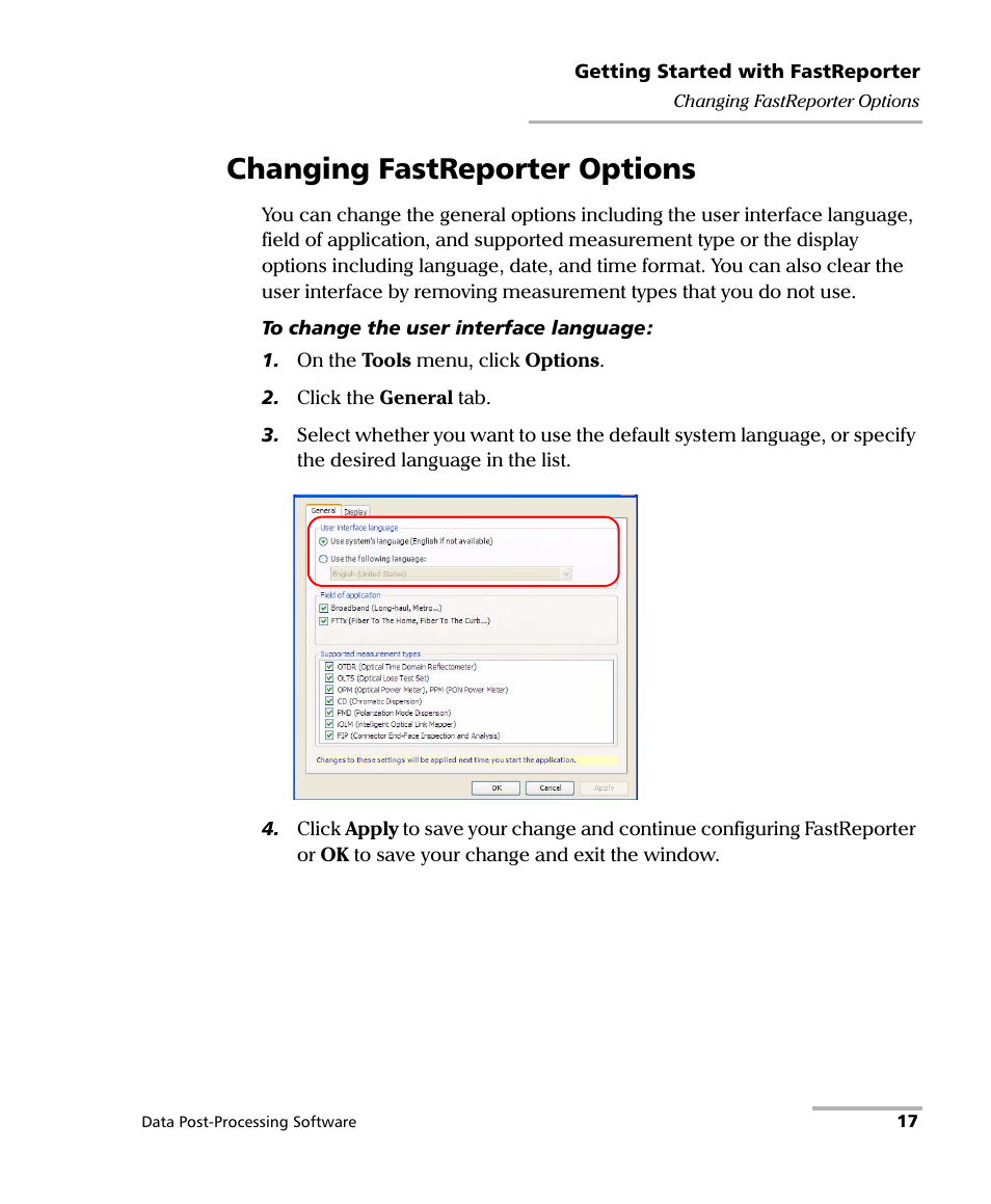 Changing fastreporter options | EXFO FastReporter Data Post-Processing Software User Manual | Page 23 / 256