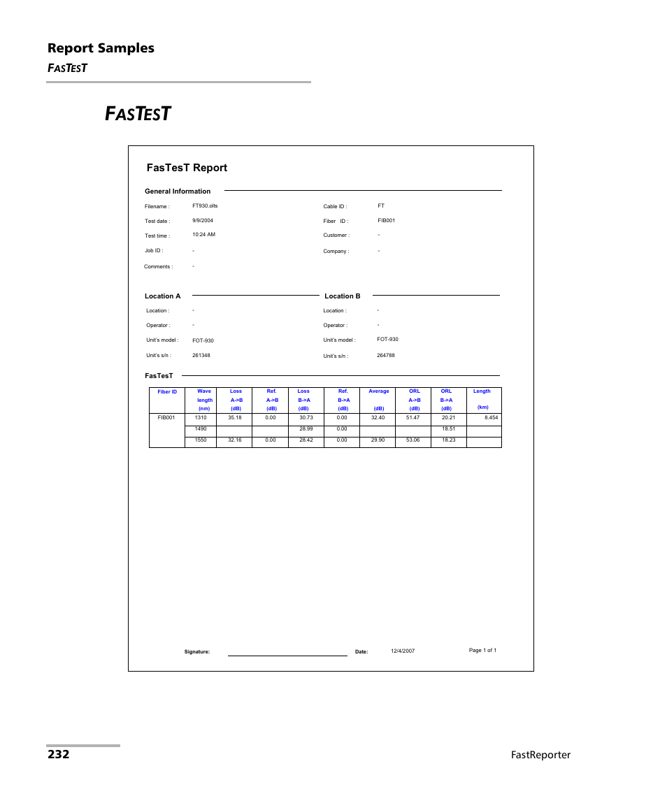 Fastest, Report samples, Fastreporter | EXFO FastReporter Data Post-Processing Software User Manual | Page 238 / 256