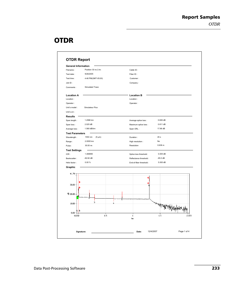 Otdr, Report samples, 233 otdr | Data post-processing software | EXFO FastReporter Data Post-Processing Software User Manual | Page 239 / 256