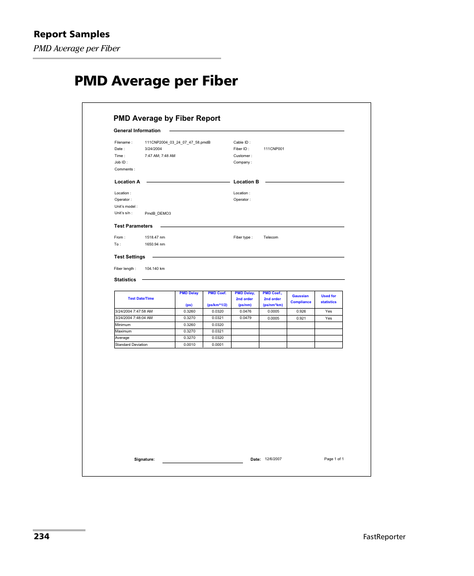Pmd average per fiber, Report samples, Fastreporter | EXFO FastReporter Data Post-Processing Software User Manual | Page 240 / 256
