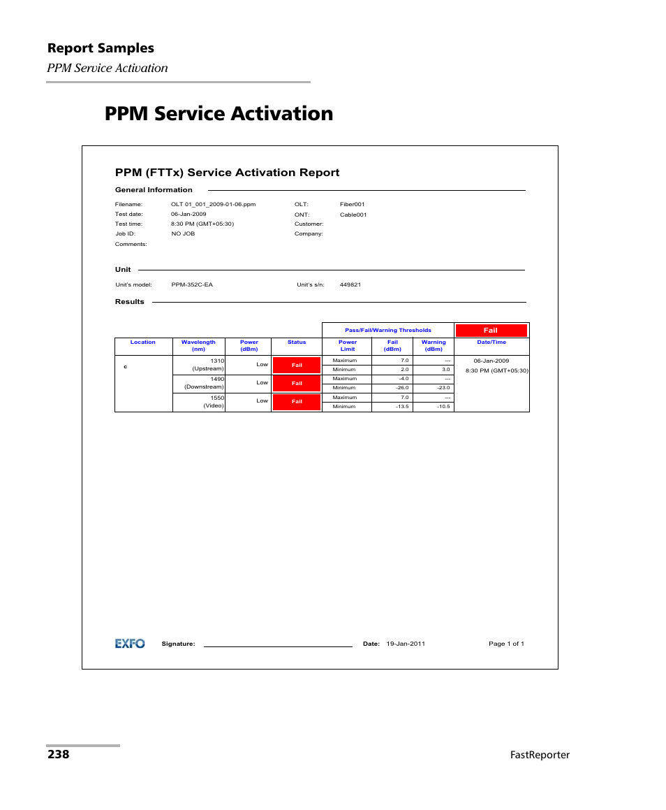 Ppm service activation, Report samples, Fastreporter | EXFO FastReporter Data Post-Processing Software User Manual | Page 244 / 256