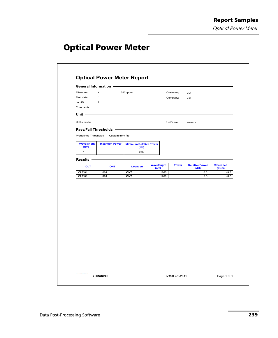 Optical power meter, Report samples, 239 optical power meter | 2swlfdo 3rzhu 0hwhu 5hsruw, Data post-processing software | EXFO FastReporter Data Post-Processing Software User Manual | Page 245 / 256