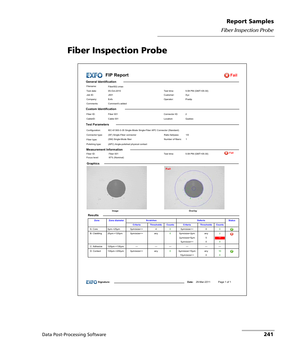 Fiber inspection probe, Report samples, 241 fiber inspection probe | Data post-processing software | EXFO FastReporter Data Post-Processing Software User Manual | Page 247 / 256