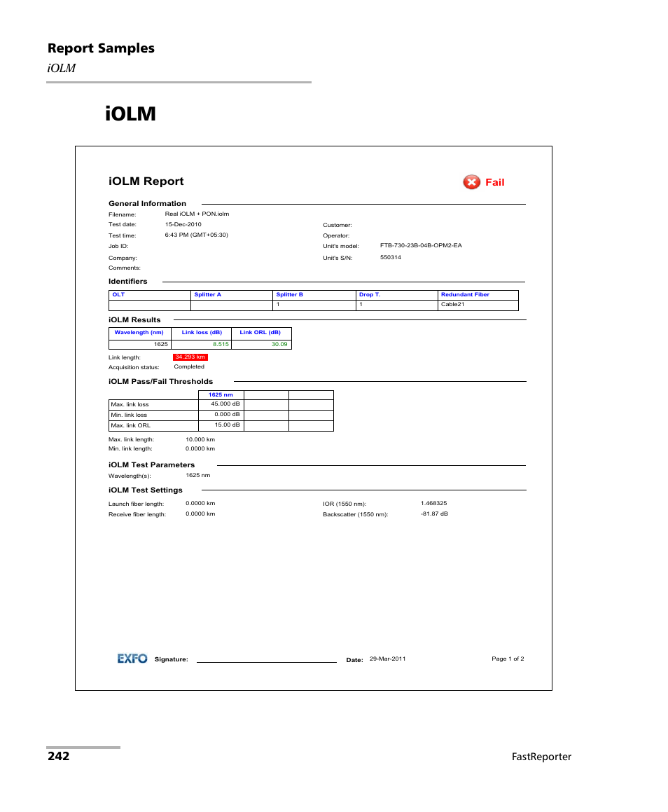 Iolm, Report samples, Fastreporter | EXFO FastReporter Data Post-Processing Software User Manual | Page 248 / 256