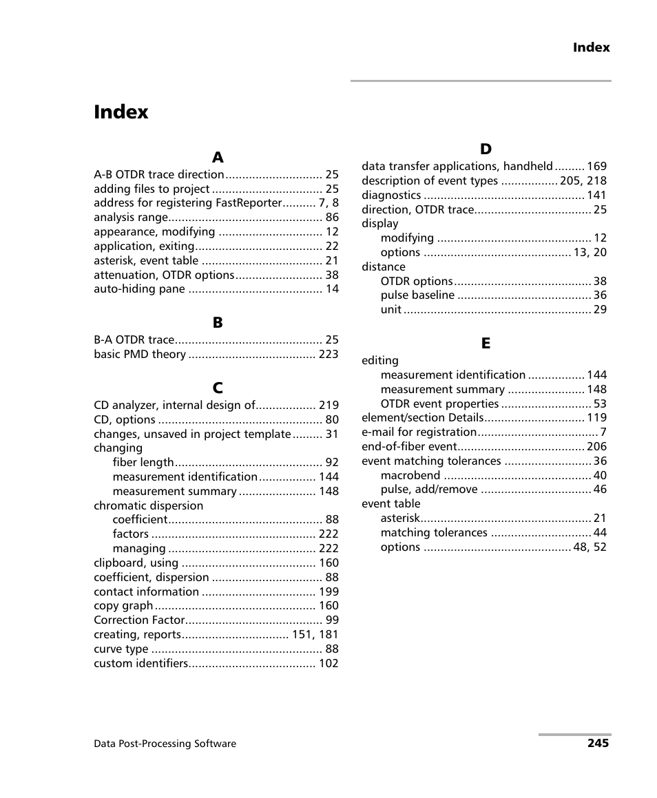 Index | EXFO FastReporter Data Post-Processing Software User Manual | Page 251 / 256