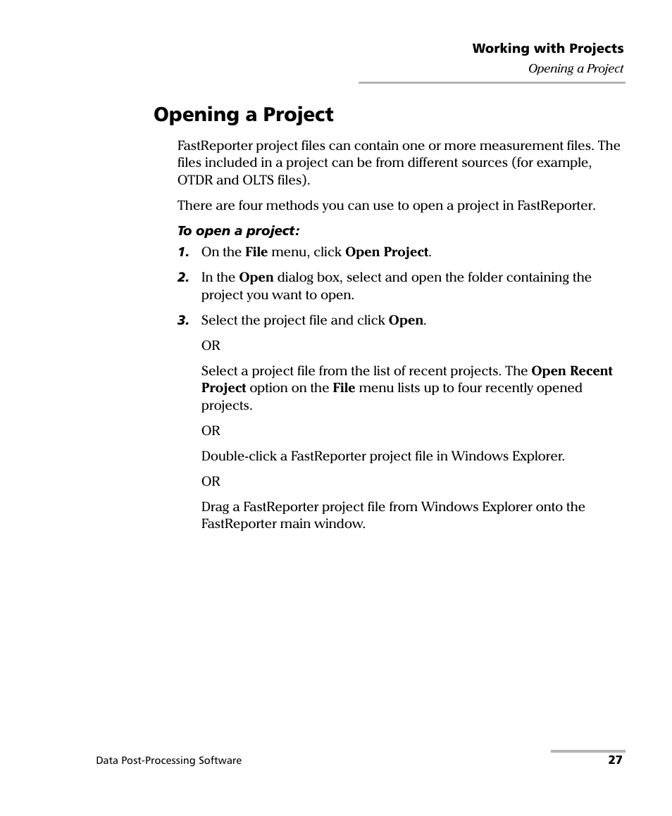 Opening a project | EXFO FastReporter Data Post-Processing Software User Manual | Page 33 / 256