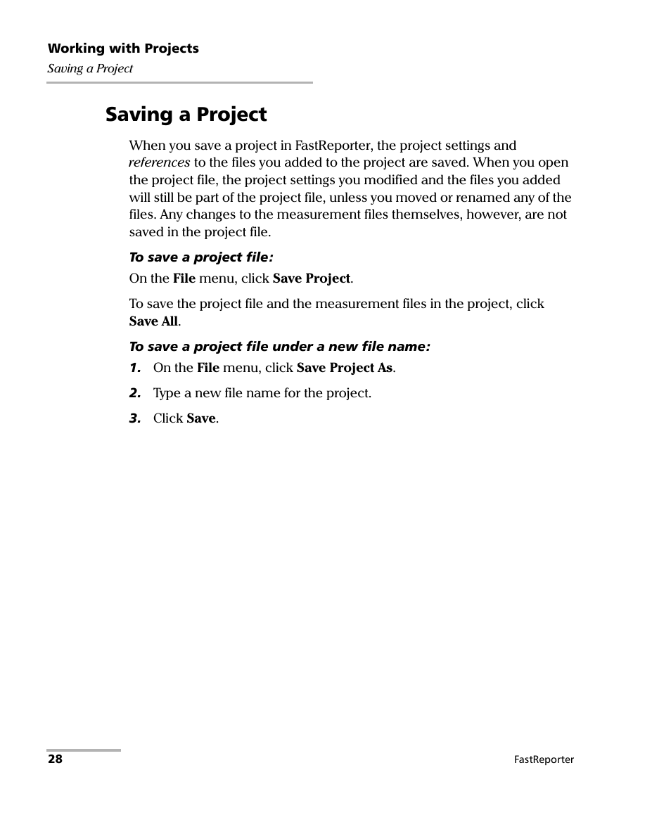 Saving a project | EXFO FastReporter Data Post-Processing Software User Manual | Page 34 / 256