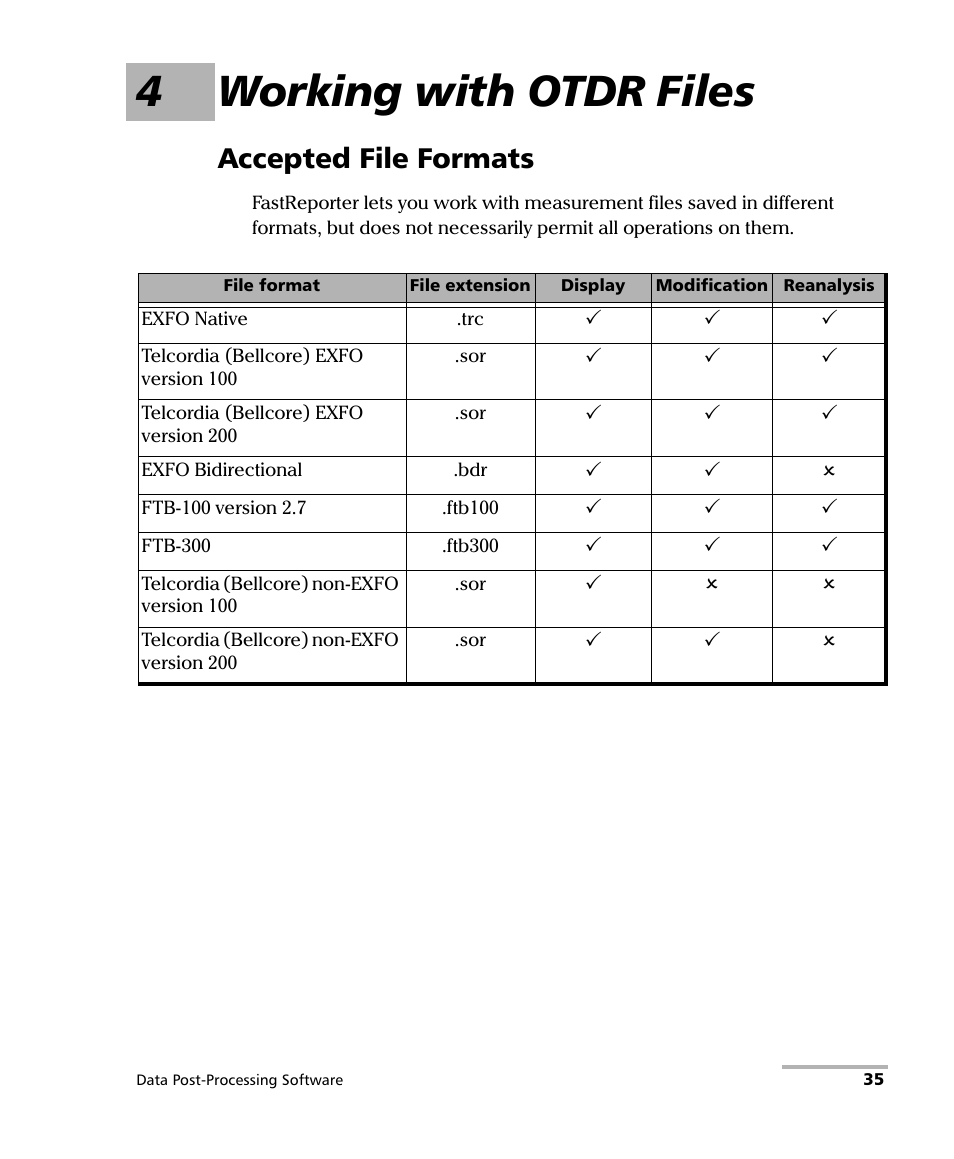 4 working with otdr files, Accepted file formats, 4working with otdr files | EXFO FastReporter Data Post-Processing Software User Manual | Page 41 / 256