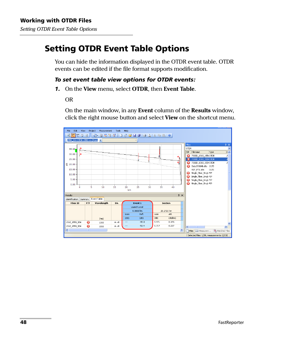 Setting otdr event table options | EXFO FastReporter Data Post-Processing Software User Manual | Page 54 / 256