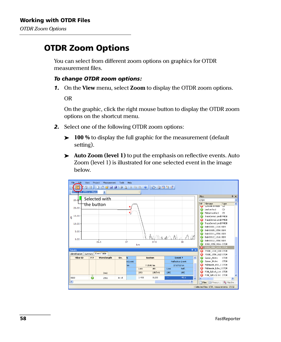 Otdr zoom options | EXFO FastReporter Data Post-Processing Software User Manual | Page 64 / 256