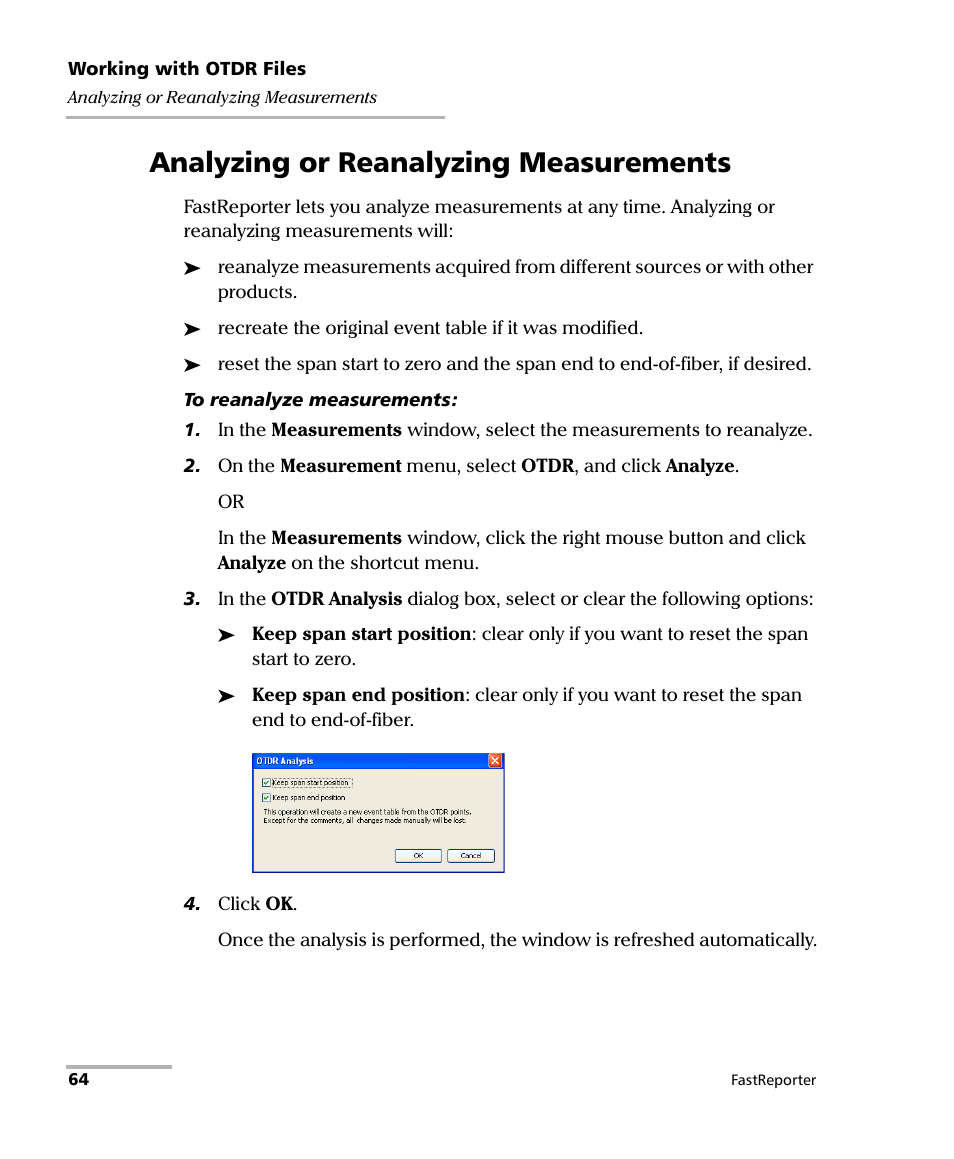 Analyzing or reanalyzing measurements | EXFO FastReporter Data Post-Processing Software User Manual | Page 70 / 256