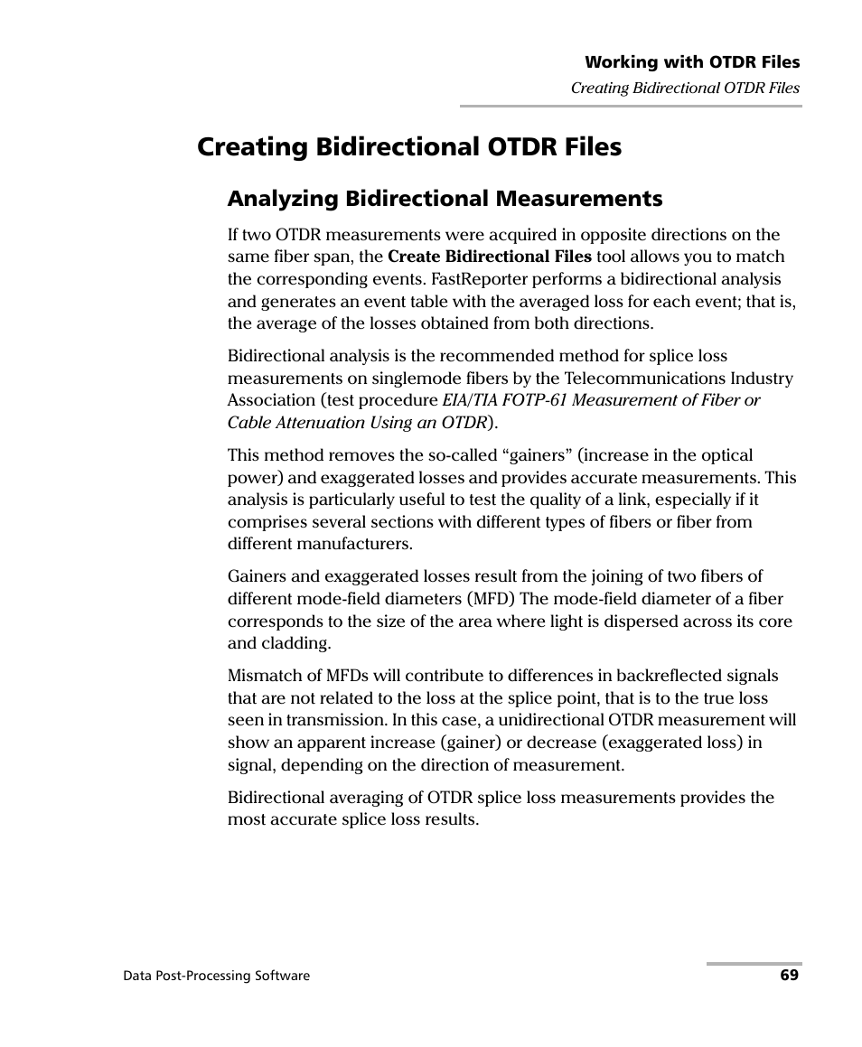 Creating bidirectional otdr files, Analyzing bidirectional measurements | EXFO FastReporter Data Post-Processing Software User Manual | Page 75 / 256