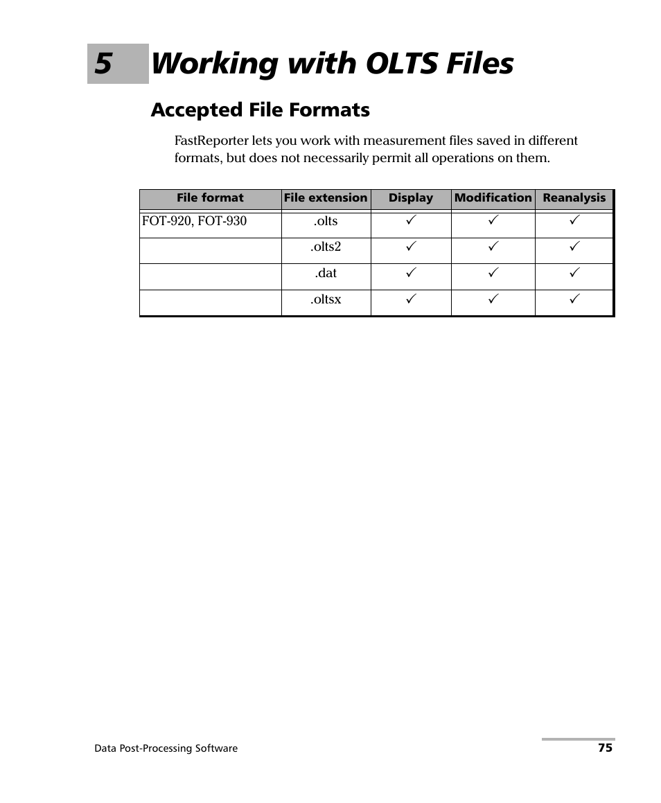5 working with olts files, Accepted file formats, 5working with olts files | EXFO FastReporter Data Post-Processing Software User Manual | Page 81 / 256