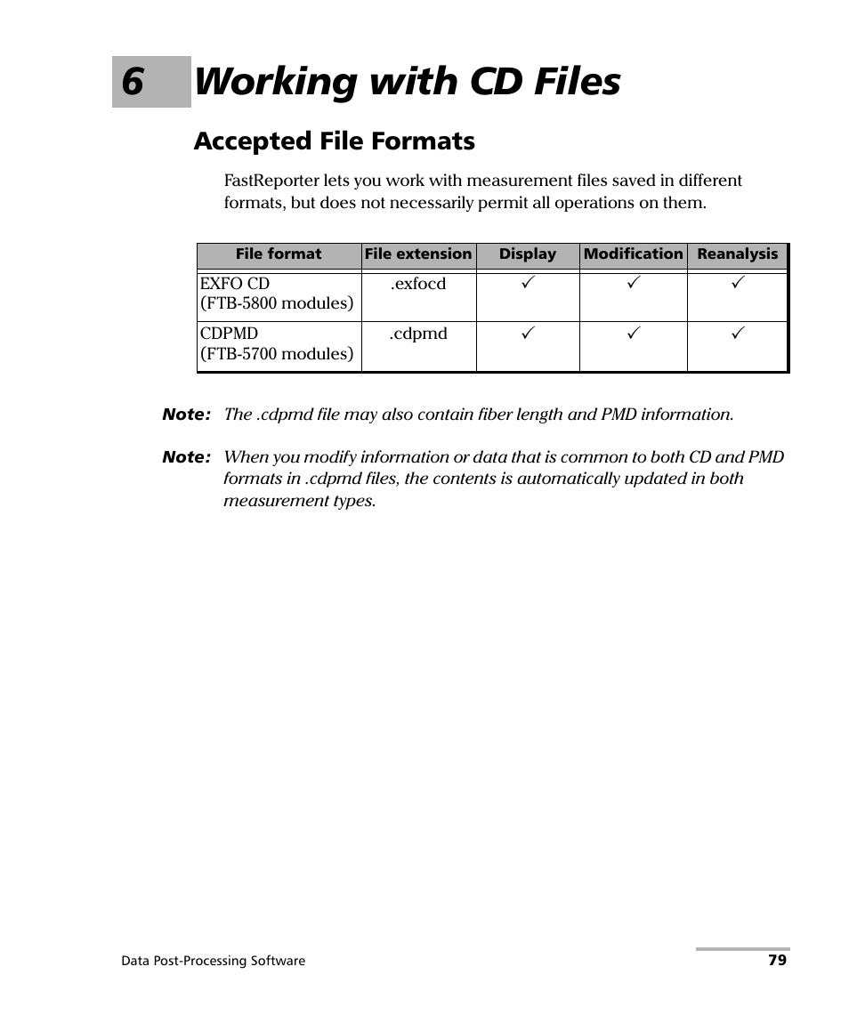 6 working with cd files, Accepted file formats, 6working with cd files | EXFO FastReporter Data Post-Processing Software User Manual | Page 85 / 256