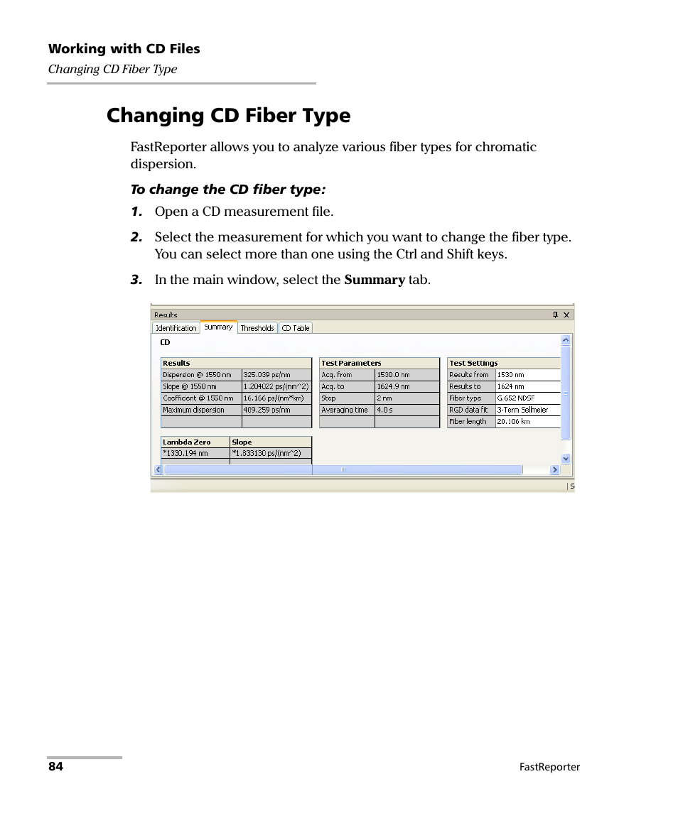 Changing cd fiber type | EXFO FastReporter Data Post-Processing Software User Manual | Page 90 / 256