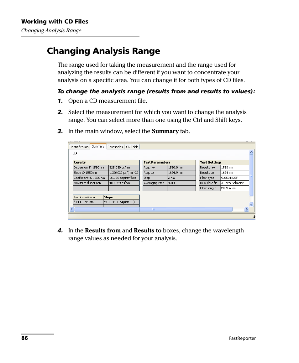 Changing analysis range | EXFO FastReporter Data Post-Processing Software User Manual | Page 92 / 256