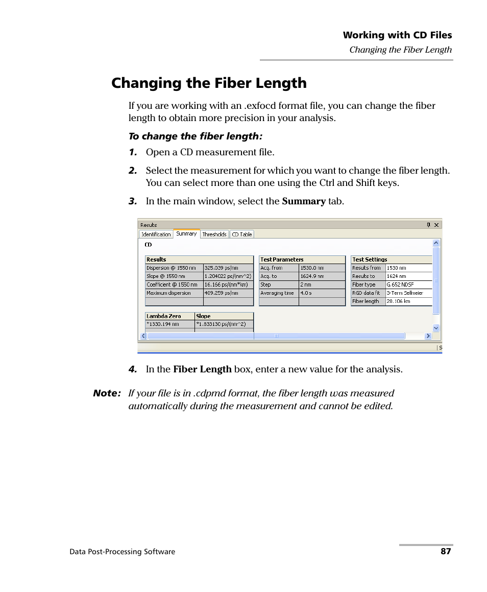 Changing the fiber length | EXFO FastReporter Data Post-Processing Software User Manual | Page 93 / 256