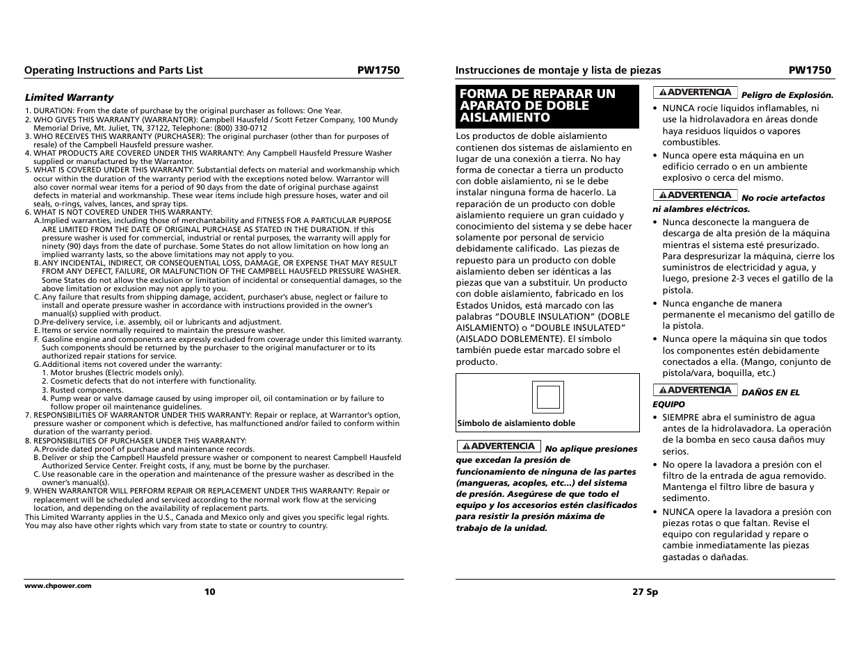 Forma de reparar un aparato de doble aislamiento | Campbell Hausfeld pw1750 User Manual | Page 10 / 18