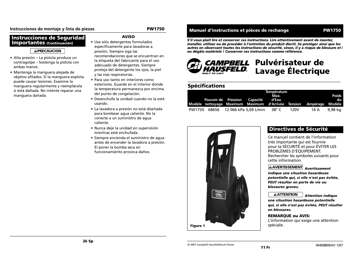 Pulvérisateur de lavage électrique, Instrucciones de seguridad importantes, Spécifications | Directives de sécurité | Campbell Hausfeld pw1750 User Manual | Page 11 / 18