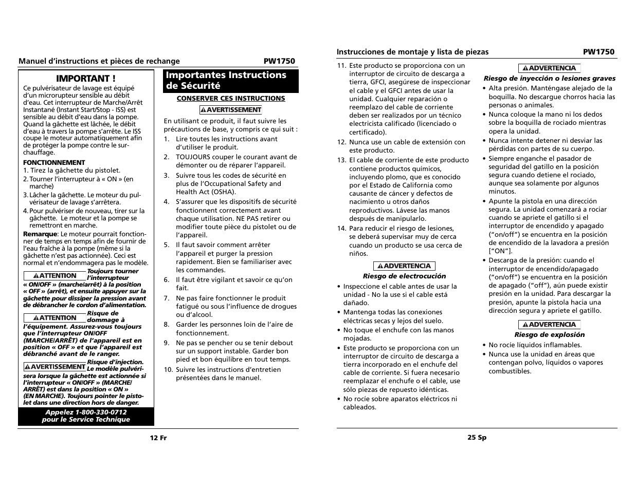 Important, Importantes instructions de sécurité | Campbell Hausfeld pw1750 User Manual | Page 12 / 18